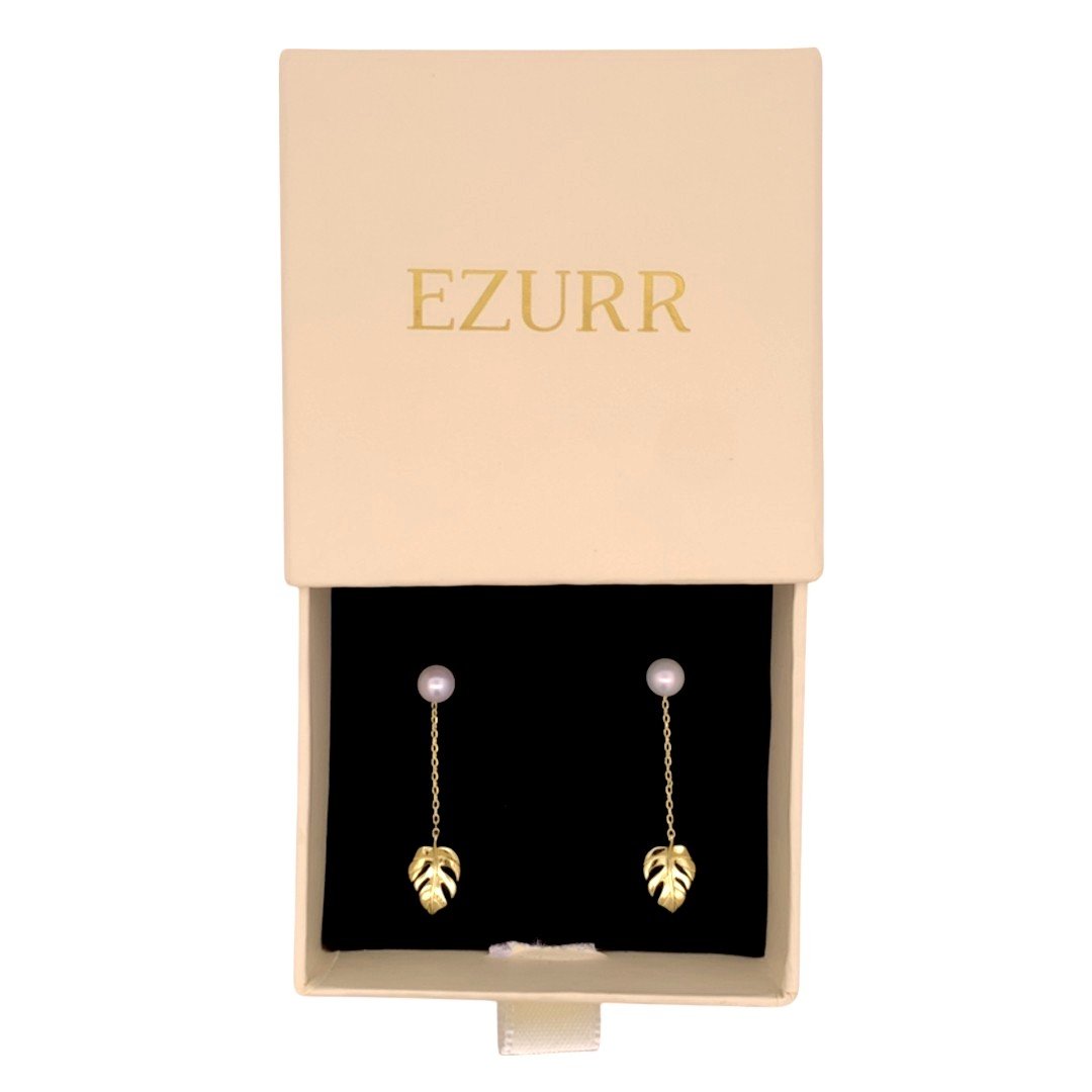Monstera Pearl Drop Earrings (Pure Silver) - Gold
